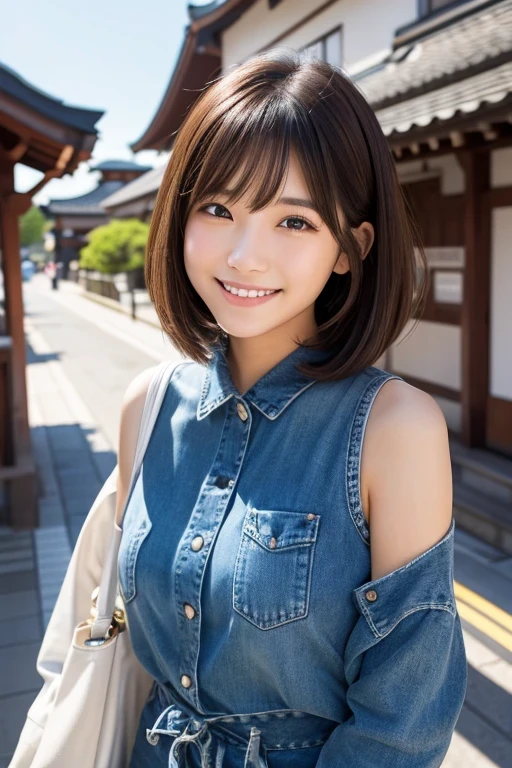 Produce the highest quality and highest resolution 8K images。The model is a 20-year-old Japanese woman.。The image depicts a person smiling at the camera and taking a commemorative photo at a tourist spot.。Draw the whole body of the model。She has brown eyes and a model figure.、She has an idol-level cute face.。Hair is bob cut。Skin has a healthy color。What to wear、She's wearing a T-shirt and a skirt。