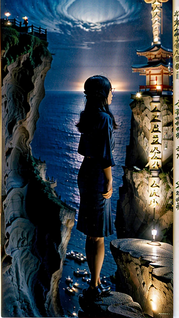 Night Cliff Sea Japanese 20s girl on the cliff