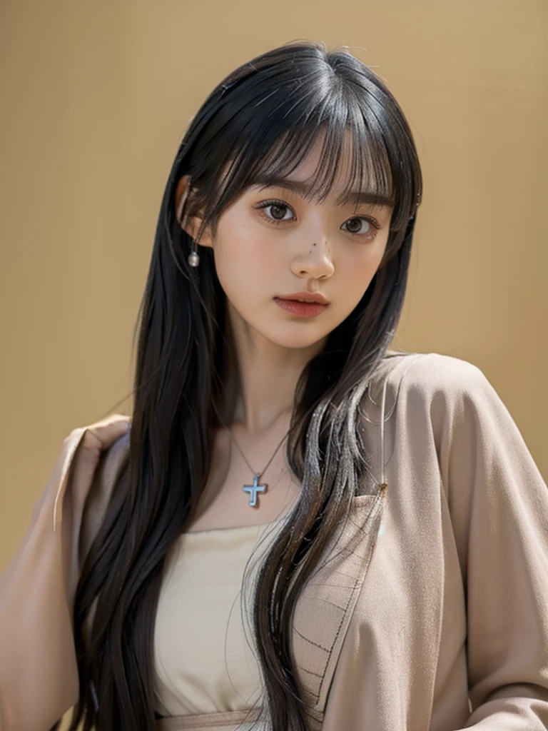 ((Highest quality, 8K, masterpiece:1.3)), concentrate: 1.2, Perfect body beauty: 1.4, Hips: 1.2, ((Long Hair, chest: 1.2)), (Dry clothes: 1.1) , (clear, Simple Background:1.3), Simple clothes: 1.1, Highly detailed face and skin texture,Delicate eyes, double eyelid, Whitened skin, Rough skin、Long Hair、Earrings with bangs、necklace、 solo、Beige coat、White shirt, (((Beautiful girl with cute Japan)))、 ((Beautiful Japanese girl 20 years old))、 ((Baby Face))、 (((Slender body)))、 Upper Body,Face focus、necklace,Simple Background,From above, Realistic Hair、 A photograph was taken:Canon EOS R6、135mm、1/1250 seconds、f2.8、ISO400、(Detailed explanation of the hand)、(Masseter muscle area)、(Exquisite CG)、Long Hair, loose and curly hair、Korean Hair、Long Hair明るいベージュ色、グラデーションハイライトグレージュのゆるふわLong Hairスタイル、