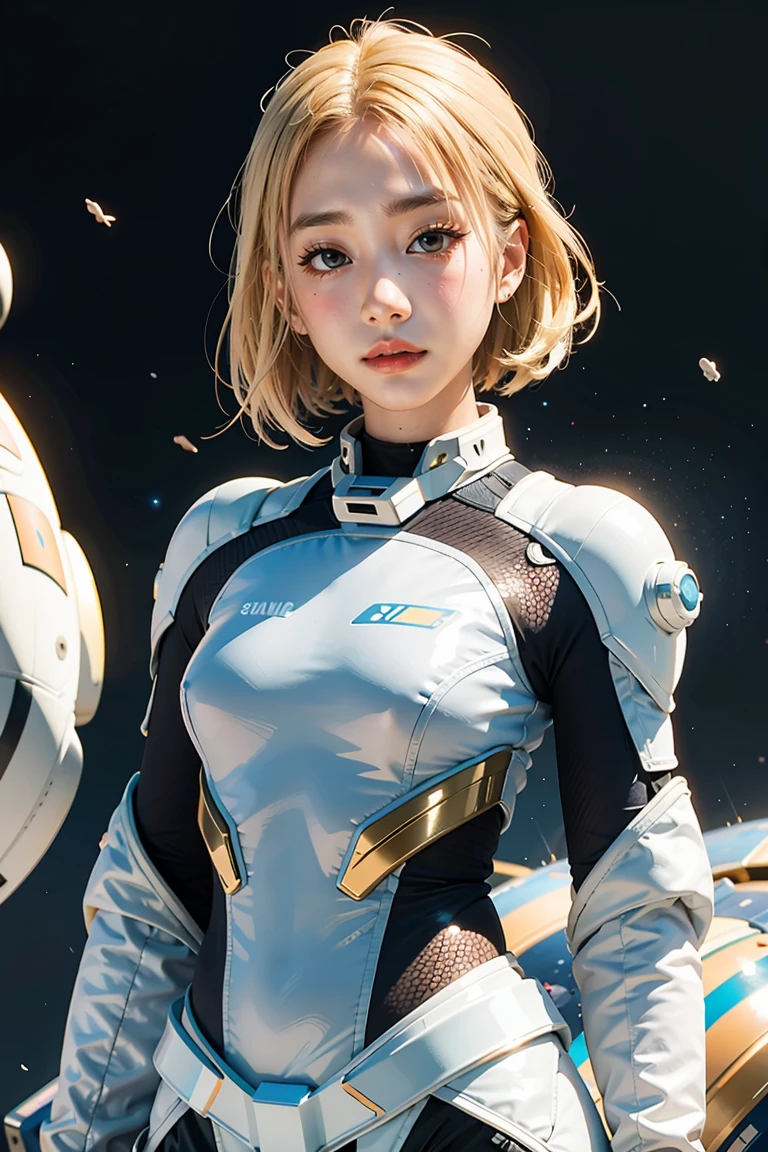 (best quality, masterpiece), 1girl, pose, particle, wind, flower, upper body, simple background, looking at viewer, blonde, galaxy, space suit,