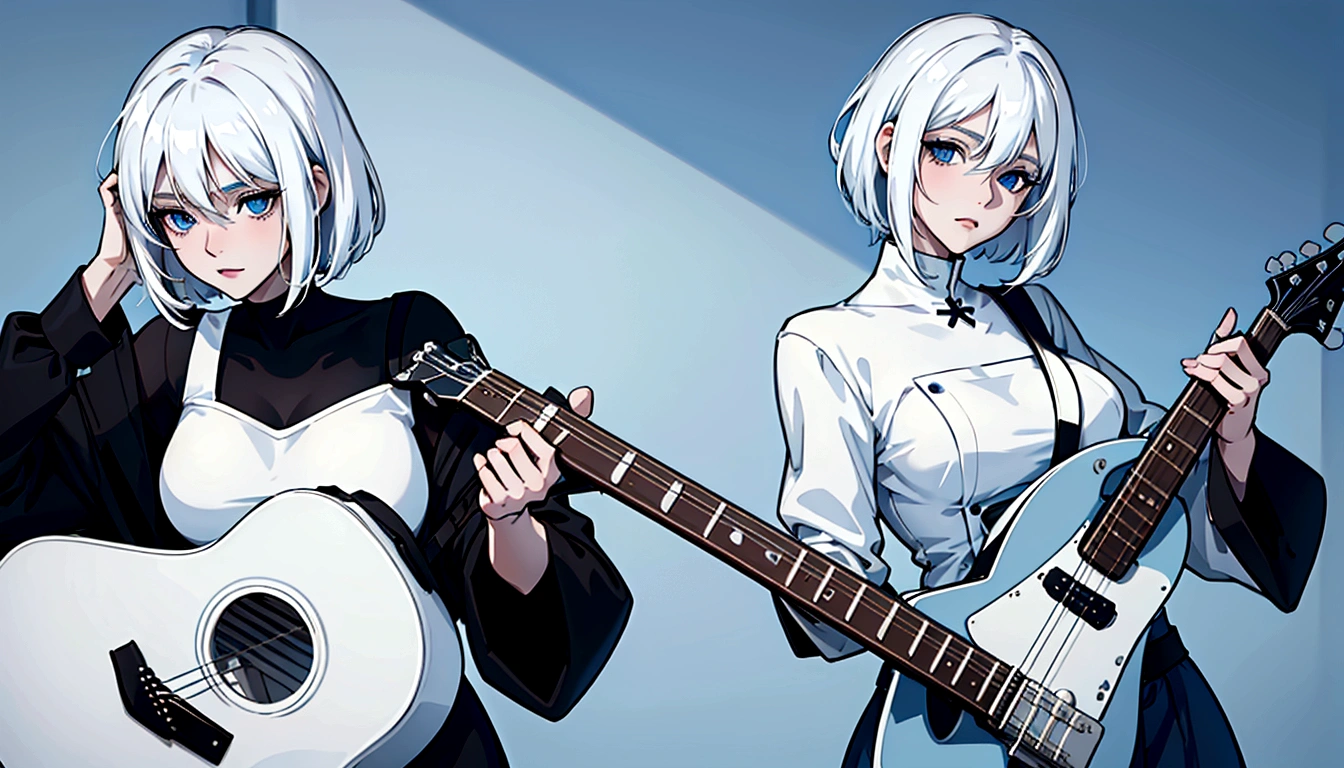White-haired woman, blue eyes,and husband,short hair,black hair,blue eyes,Holding a guitar in a minimalist white room ( anime, 8K, High quality)