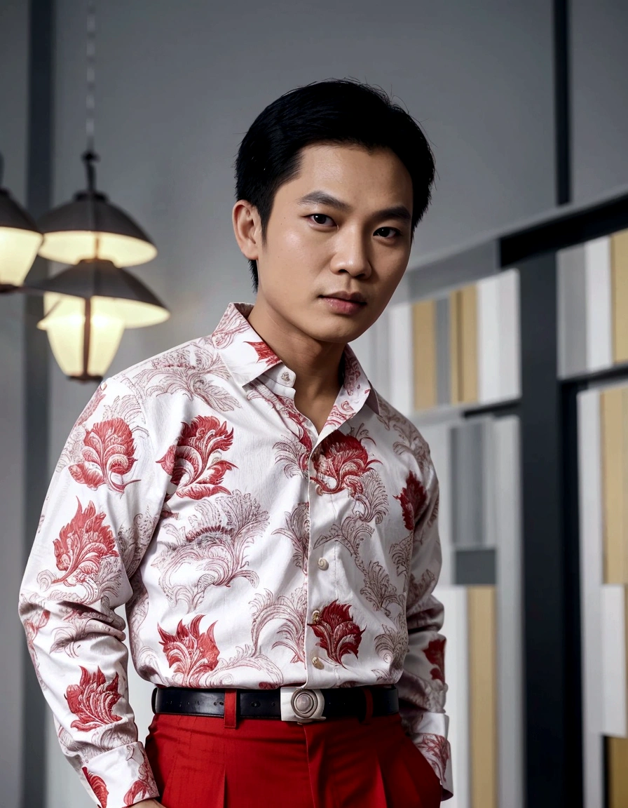 there is a man standing in a room with a red pants, hoang long ly, bao pham, in style of lam manh, nivanh chanthara, thawan duchanee, by Abidin Dino, quy ho, inspired by Abidin Dino, dzung phung dinh, batik, ramil sunga