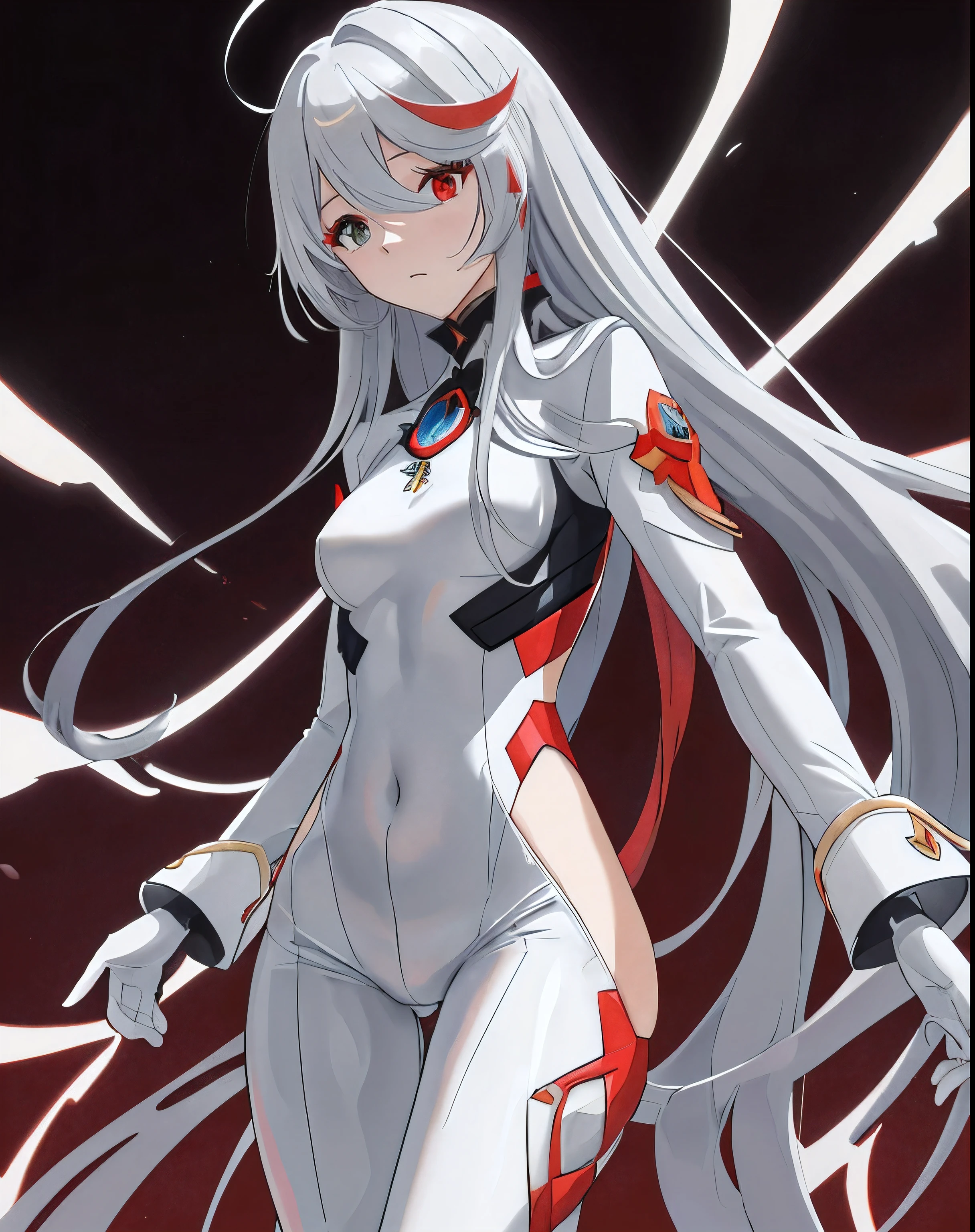tmasterpiece, Best quality, almero dere, blinking eyes expression, fundo vermelho, (((red eyes))), (((gray eyes,))), (((heterochromia))), eyes tired:1.1), hair bangs, partially colored, (straight strict hime hair:0.9), bangs witg straight strict cut, expressionless face, looks to the side, shadows on eyes, seen from the side,White latex coat,tightsuit, skin tight, latex,White jumpsuit,White jumpsuit, shinning clothes, Shiny, Cover the navel, steams,tmasterpiece, Best quality at best, 1 Sister, Forina, genshin impact, silver main colour of hair, Red hair stripe, blue hair stripe, black hair stripe, A thin body,Beautiful blood red eyeshadow, (((long hair))), (((straight))), strictly cutted hairstyle, (((hime hairstyle))),