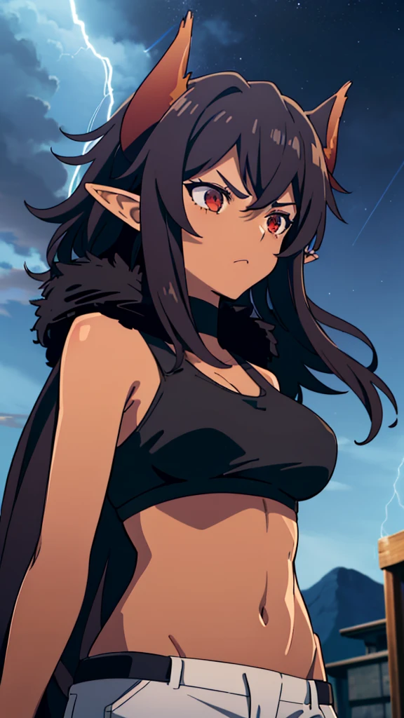 ((1girl,solo,mature female,tall)),big breasts,long hair, black hair,serious,horns,elf ears,black scarf,(dark skin),((midriff,black sports bra,neck fur)),(walking,night sky,night,thunder,lightnings,lightning magic),from below,