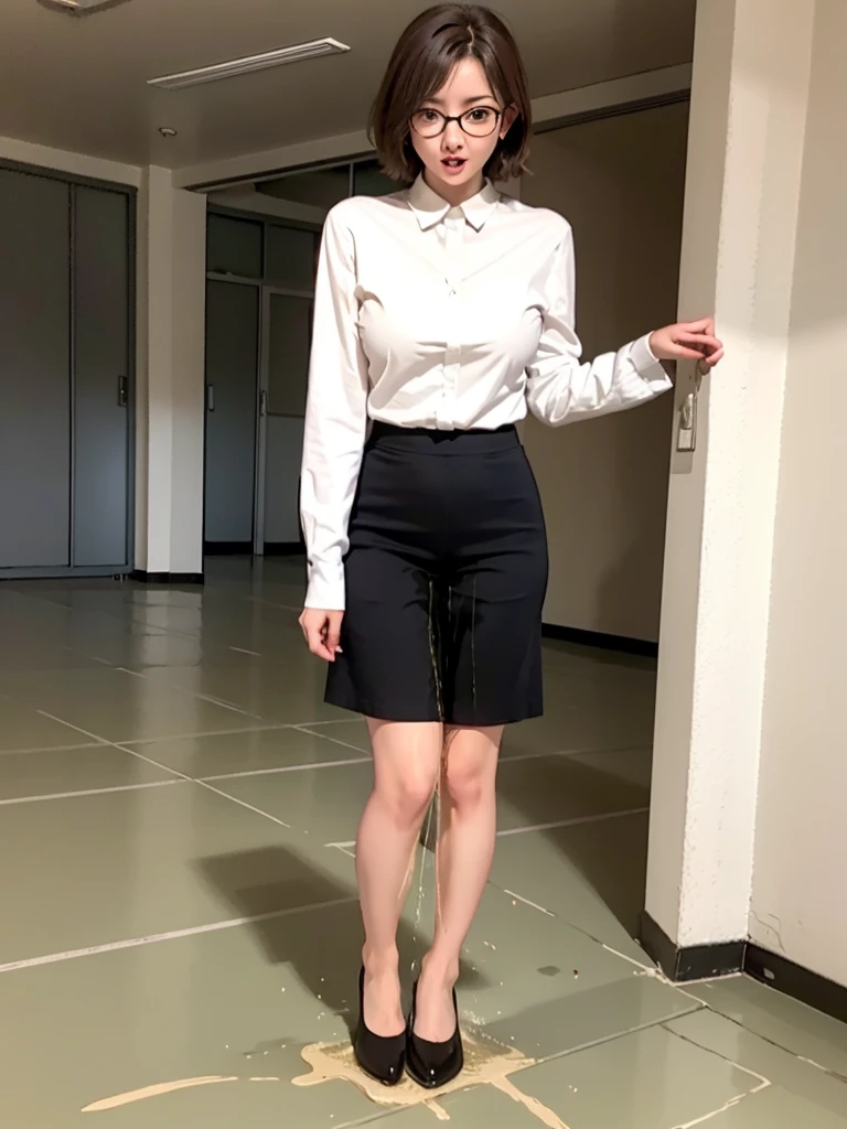 ((Realistic Light, Best Quality, 8K, Masterpiece: 1.3)), 1girl, female teacher, Slim Beauty: 1.4, (Brown hair, short hair length to shoulder, glasses, large breasts: 1.3), wearing long sleeve white shirt(( appropriate shirt)), black pencil skirt((length skirt to the knee)), standing alone at empty school hallway, front view, medium shot, with little wonder expression, peeing self, wetting her clothes, can't hold her pee face, wetting herself desperate, pee desperation pose, her body can't hold her pee and wets herself ultra desperate in the middle of the cicty in absolute desperaton wetting herself, pee runing down her legs, standing up, hyper pee desperate face, big pee pudle