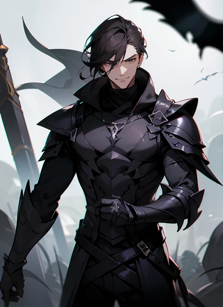 1 , handsome fashion hair,dark hair highlightwhite, fanstasy, smile face, male ,fantasy, reaper, hunter with blackshortsword, villian face, black armor , darkness wolrd, bad