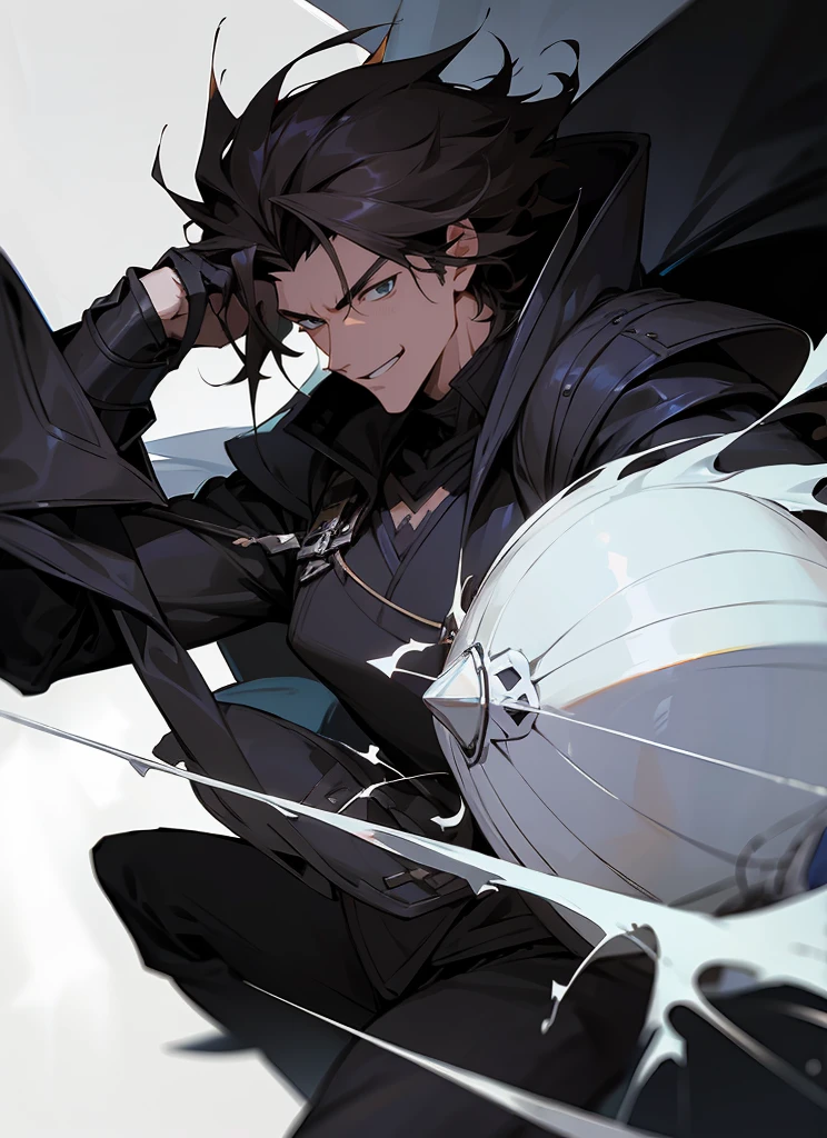 1 , handsome fashion hair,dark hair highlightwhite, fanstasy, smile face, male ,fantasy, reaper, hunter with blackshortsword, villian face, black armor , darkness wolrd, bad