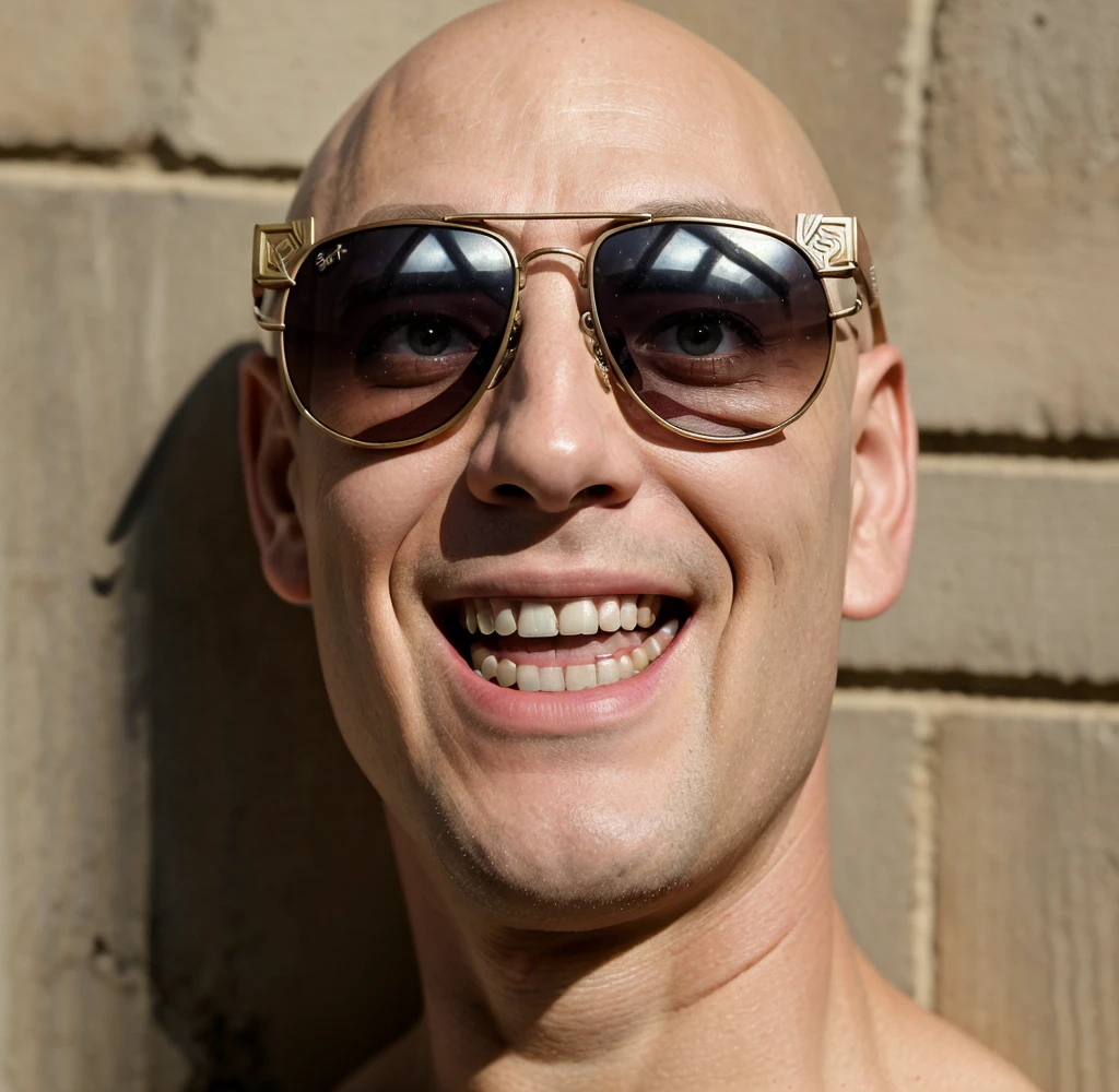 ((8k ((best quality)), ((masterpiece)), (very detailed), real face bald male very muscular male upper body wear punk chlotes sunglasses stand by wall smiling