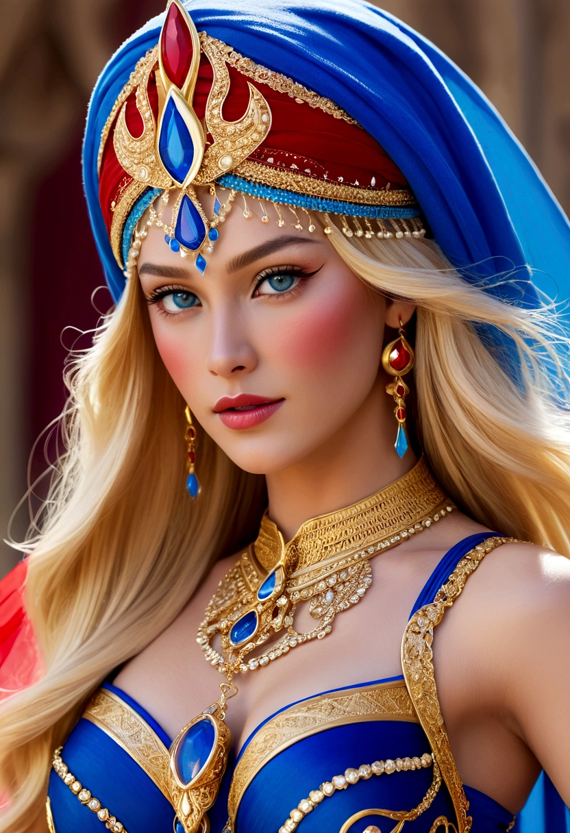 She-Ra with blue turban headdress，She&#39;s wearing a belly dancing skirt，，Golden boots，and long golden wrist guards that extend from the elbow to the wrist。Long blond hair，blue eyes and red lips。 She holds a laser sword，A red veil with crystals in the middle covers her entire face.


