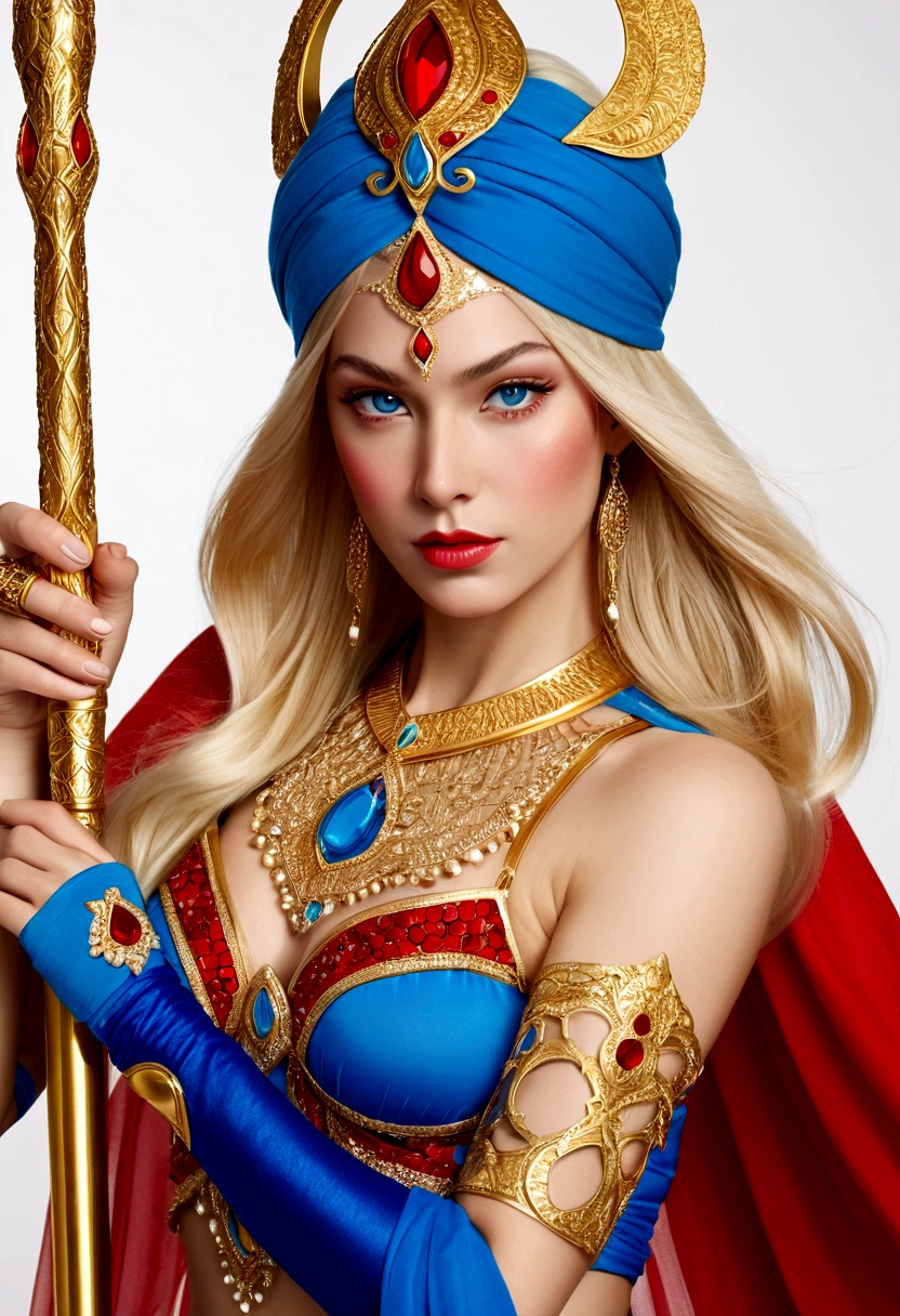 She-Ra with blue turban headdress，She&#39;s wearing a belly dancing skirt，，Golden boots，and long golden wrist guards that extend from the elbow to the wrist。Long blond hair，blue eyes and red lips。 She holds a laser sword，A red veil with crystals in the middle covers her entire face.


