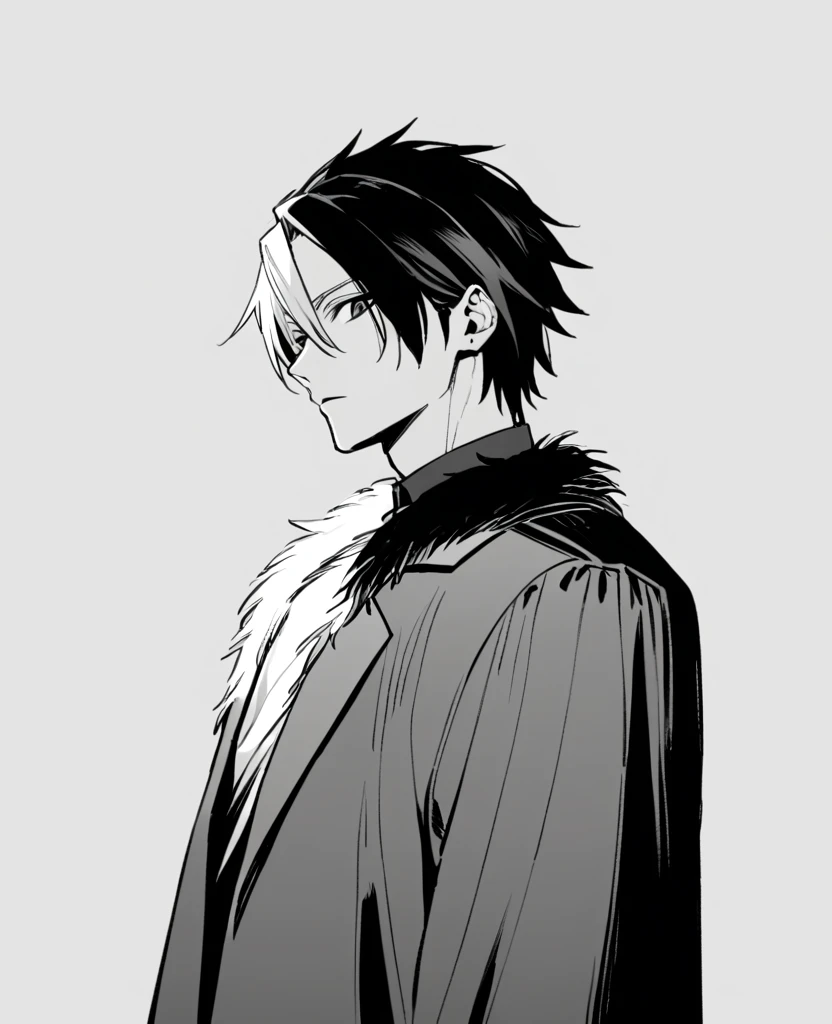 yuto-sano, 1boy, Kaneki, black hair, black suit, black long sleeves, fur coat, elegant, monochrome, solo, greyscale, male focus, looking at viewer