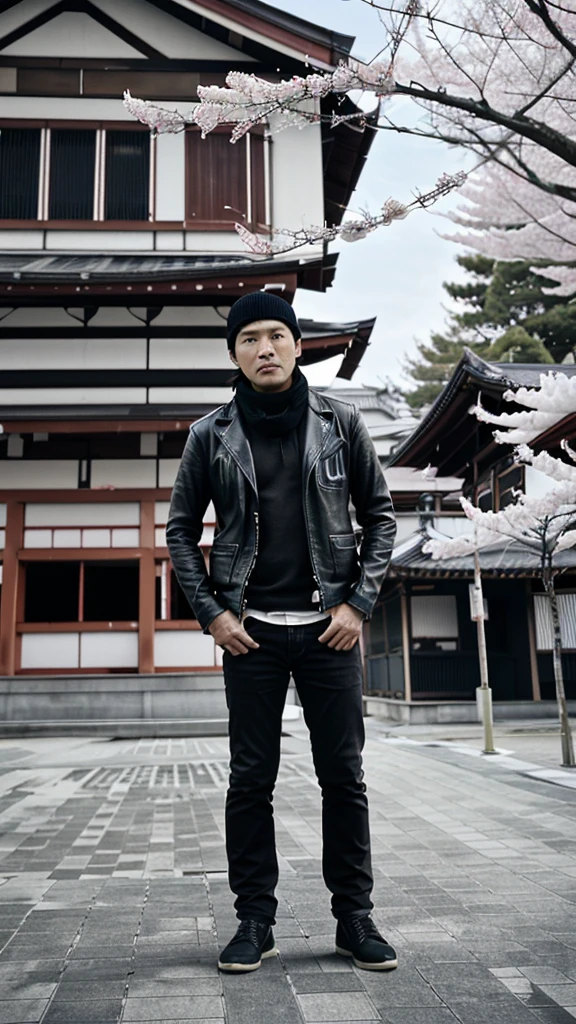 Full body long shots a handsome Indonesian man aged 35 years, wearing a beanie, shirt, scarf, leather jacket, jeans, leather shoes. With Spring in Japan, cherry blossom in full bloom, Kaigan Street background, underexposed cinematic 3D matte paint render. 