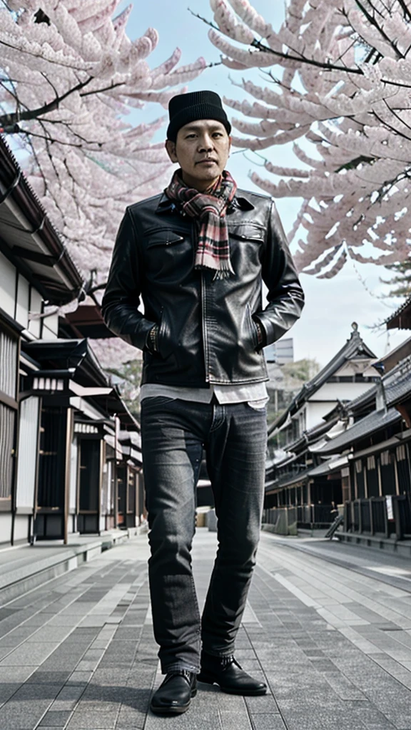 Full body long shots a handsome Indonesian man aged 35 years, wearing a beanie, shirt, scarf, leather jacket, jeans, leather shoes. With Spring in Japan, cherry blossom in full bloom, Kaigan Street background, underexposed cinematic 3D matte paint render. 