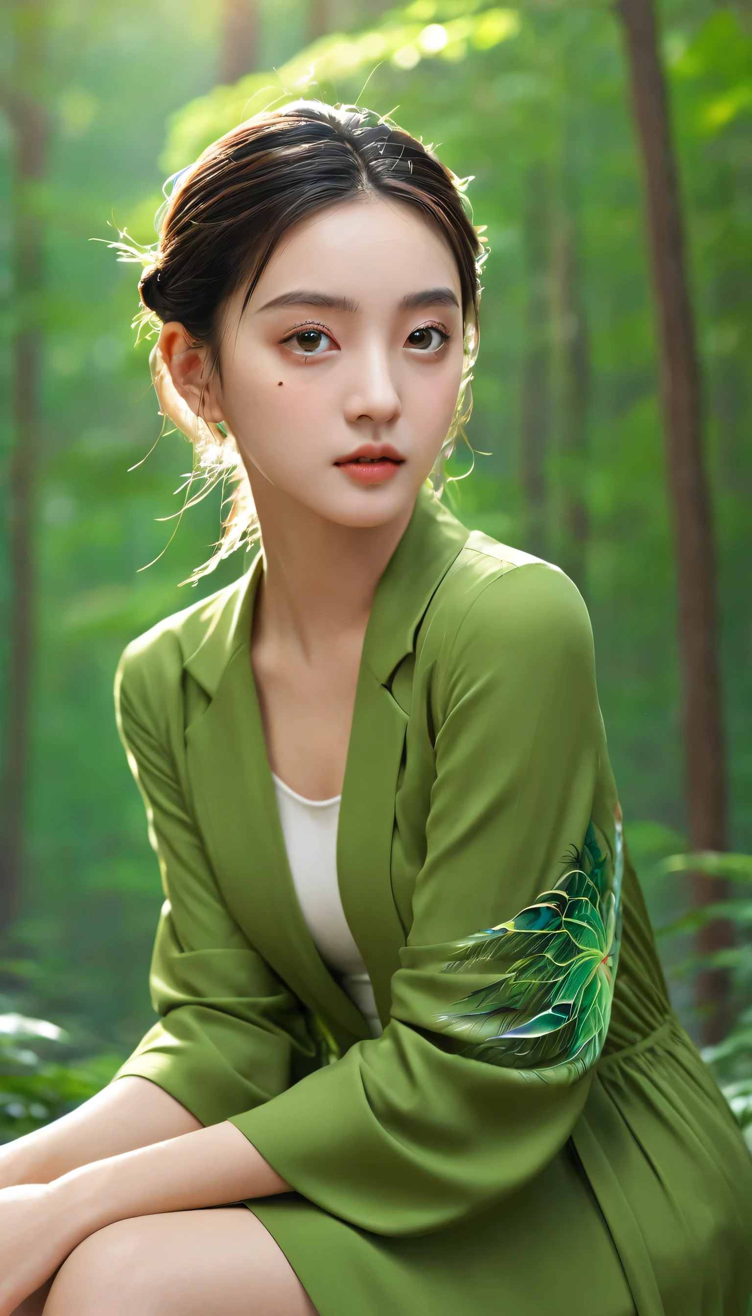 traptrixmantis,short,mantis sleeve,solo, 1girl,full body,sitting,forest background,masterpiece,solo,beautiful detailed eyes,finely detail,detailed face,vivid color,5 fingers,finely detailed,hyper detailed,detailed hand,8k,finely detailed beautiful eyes,high resolution illustration,best quality,