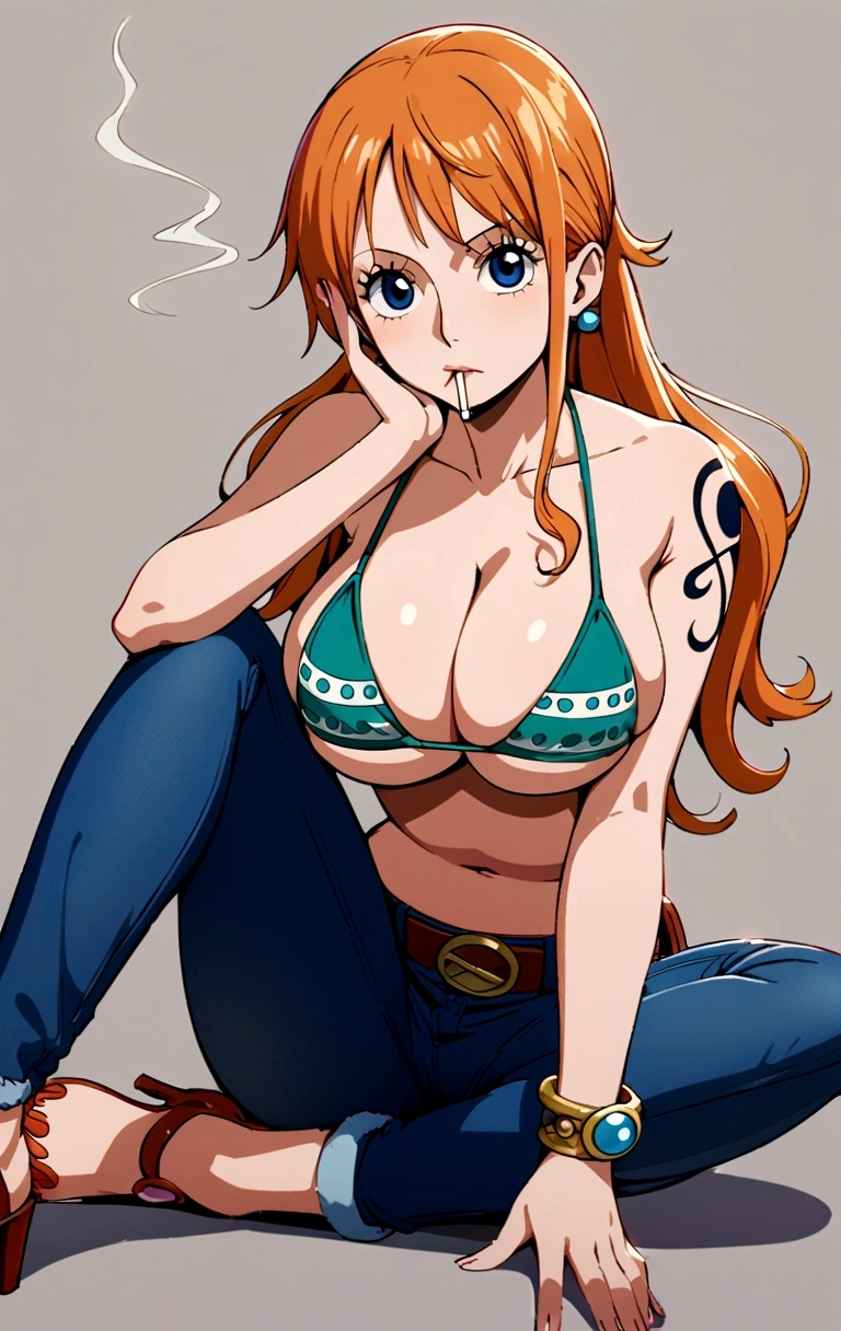 Cartoon photo of a woman in a bikini top and jeans, we one piece, we From 1 piece, we, beautiful portrait of we, From 1 piece, tits, blue eyes, smoking, ponytail, Browsing Caution (nswf:1.5)