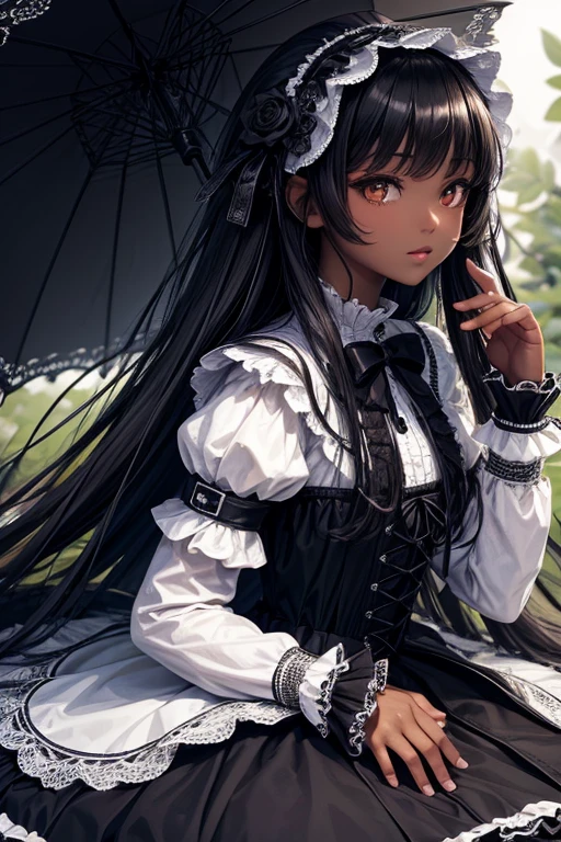 ultra hyper-detailed、High quality、best quality、Highly detailed、Accurate illustrations、pencil drawing、edge detection、sharpness、high contrast、、high Gradients、 with dark skin、pretty girl(masterpiece,Highest Quality), Black ta Clothing, Long black hair with layers, white hairband with a blackrose, black eyes