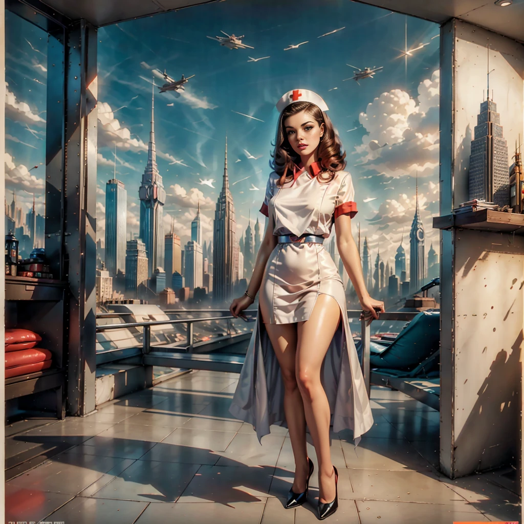 (Masterpiece, Best Quality), 8k Wallpaper, highly detailed, poster, vintage sci-fi film, 1960s, a magazine cover with sexy giant nurse towering over a tiny city, a portrait by Paul Kane, cinematic movie poster, perfect face, colorful hair, Attack of the 50 foot woman, giant woman, tiny city, lines, abstract, mid century modern, movie poster, vintage, white nurse uniform, stiletto high heel shoes, tiny destroyed skyscrapers city, retrofuturism, pulp sci fi, pulp sci-fi, 60's pulp illustration, scifi pulp, pulp book cover art, pulp scifi, old retro pulp comic cover, pulp science fiction, pulp scifi illustration, vintage scifi, skyscrapers sized under her knee