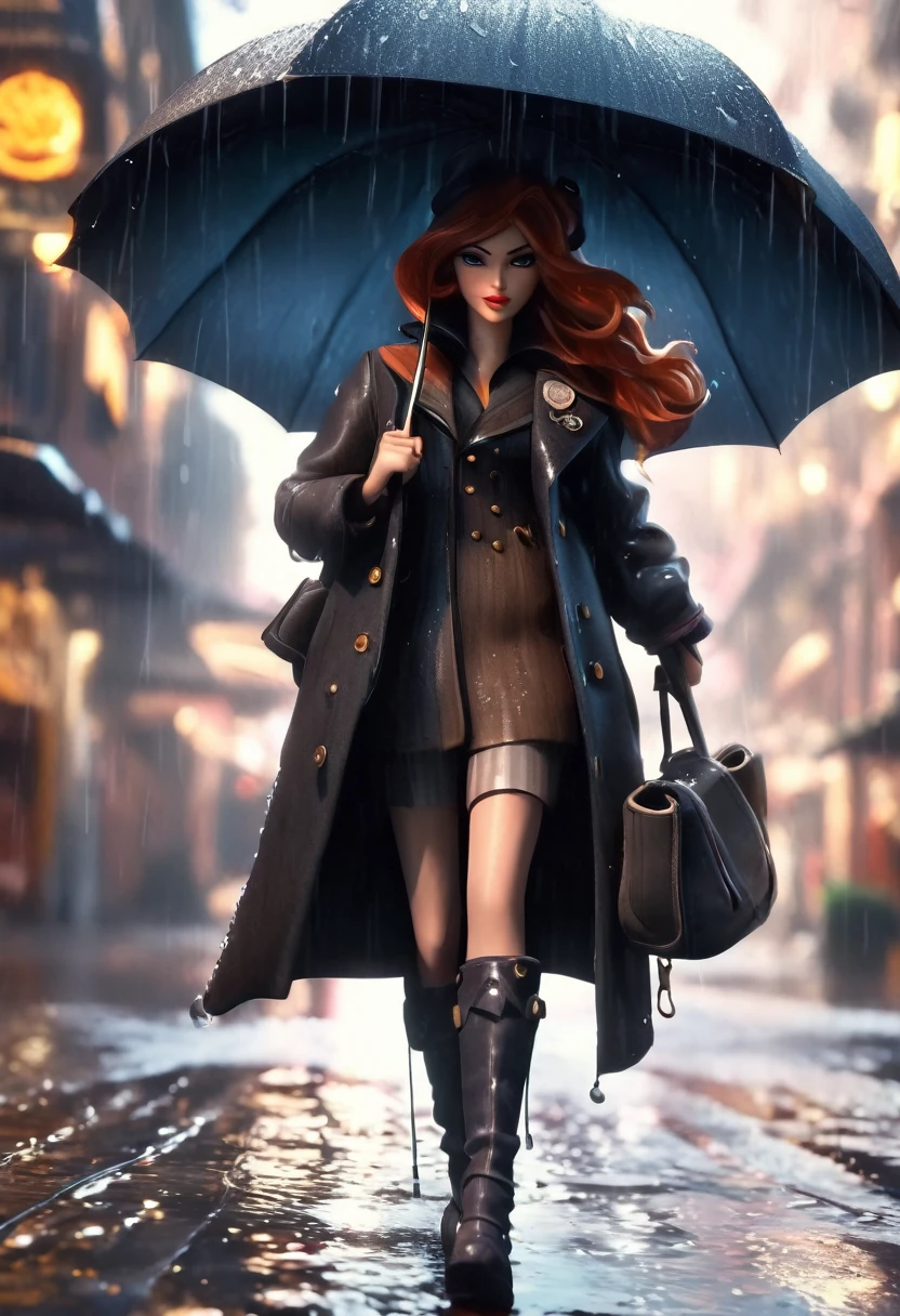 A detailed steampunk inspired illustration of ((a woman with an umbrella in her hand:1.6)), ((rainy day, street with puddles of water, heavy rain, wet clothes, skin texture, with water drops:1.5)), (Best Quality, 4k, 8k, high resolution, Masterpiece: 1.2), ultra detailed, sharp focus, (realist, photorealist, photo-realist: 1.37), (Masterpiece: 1.3), (Best Quality: 1.2), ( high quality: 1.1), (photorealist: 1.37), (extremely detailed: 1.2), (cinematic lighting: 1.2), (dramatic shadows: 1.2), (muted colors: 1.1), ,intense lighting,dramatic lighting,lighting change,cinematic lighting,chiaroscuro lighting,dramatic shadows,dramatic moments,vivid colors,intense colours,deep contrast,cinematic depth of field,cinematographic composition,angle cinema camera