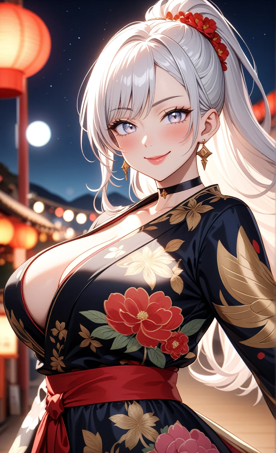 ((One personの女性)), Beautiful Face, (smile shyly), (smirk), ((Wink:1.9)), Laugh with your mouth wide open,((Bright red cheeks:1.4)),Shiny red lips,night,Summer festival,You can see the ocean, firework,,Glossy pink lips,Facial lighting,((Anime style background)),masterpiece, Highest quality, so beautiful,up to date, Complex details, (Pink long nails), (ring),(bracelet),(choker),AI-generated, Complex,High resolution, Highest quality, super high quality,3D Images、3D Images,One person,Long white hair,High Ponytail,(blue eyes),Anime woman posing for a photo, ((Fine grain、Silvery white colorful eyes、Shining Eyes:1.3)),(Squint your eyes:1.1),a hyperRealistic , hyperRealistic , Realistic,Anime woman with long white hair, Smooth anime CG art, A woman in a colorful kimono with gold embroidery, (Black long sleeve kimono),Red floral pattern,Long flower hair ornament,Earrings,Mature Body,(Big Breasts:1.1),Tall,Abdominal muscles,Narrow waist,(Zoom up to face:1.2), ((from side)),