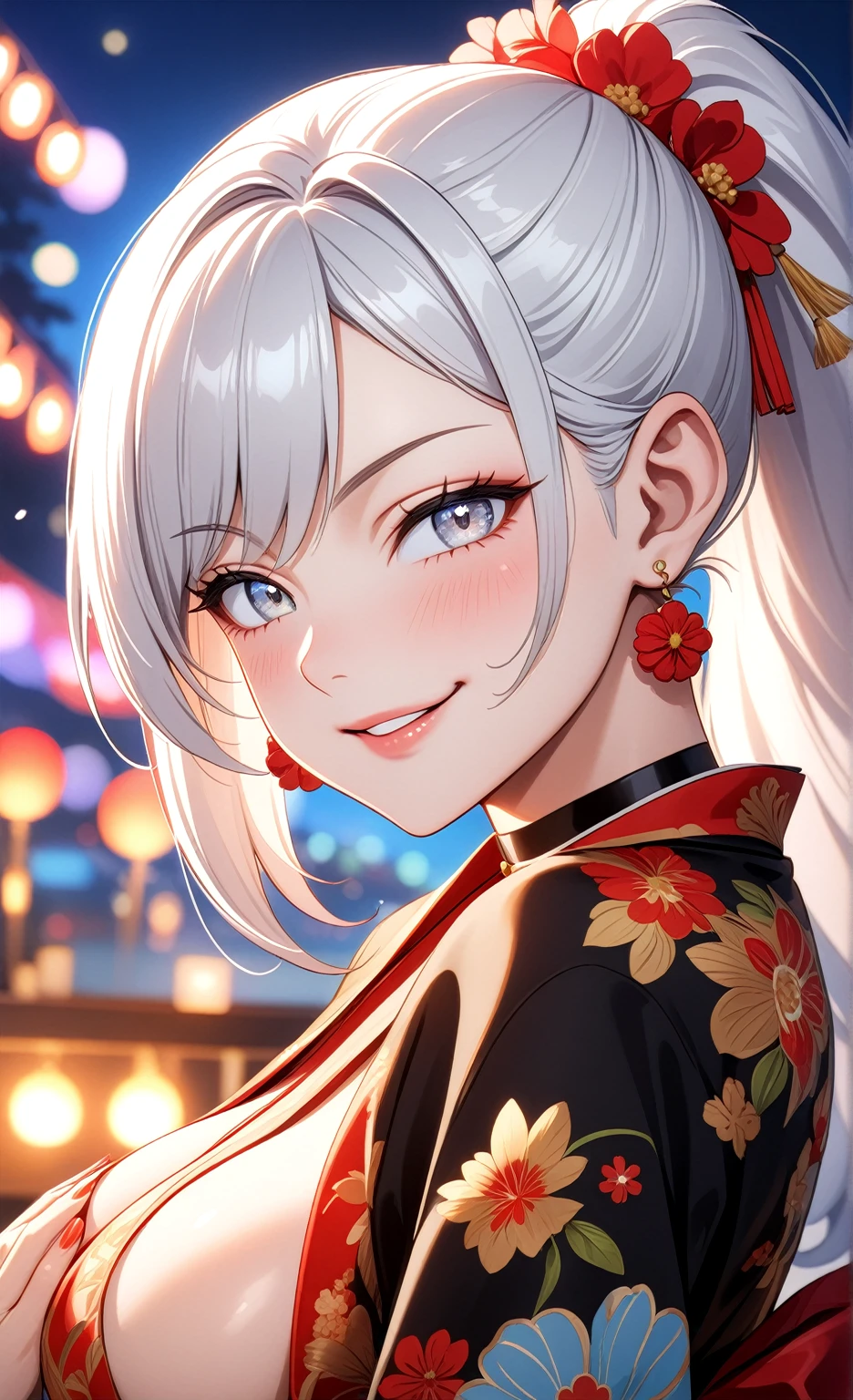 ((One personの女性)), Beautiful Face, (smile shyly), (smirk), ((Wink:1.9)), Laugh with your mouth wide open,((Bright red cheeks:1.4)),Shiny red lips,night,Summer festival,You can see the ocean, firework,,Glossy pink lips,Facial lighting,((Anime style background)),masterpiece, Highest quality, so beautiful,up to date, Complex details, (Pink long nails),  (ring),(bracelet),(choker),AI-generated, Complex,High resolution, Highest quality, super high quality,3D Images、3D Images,One person,Long white hair,High Ponytail,(blue eyes),Anime woman posing for a photo, ((Fine grain、Silvery white colorful eyes、Shining Eyes:1.3)),(Squint your eyes:1.1),a hyperRealistic , hyperRealistic , Realistic,Anime woman with long white hair, Smooth anime CG art, A woman in a colorful kimono with gold embroidery, (Black long sleeve kimono),Red floral pattern,Long flower hair ornament,Earrings,Mature Body,(Big Breasts:1.1),Tall,Abdominal muscles,Narrow waist,(Zoom up to face:1.2), ((from side)),