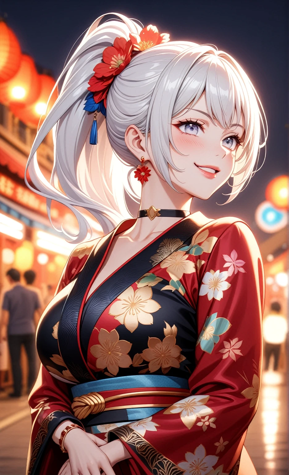 ((One personの女性)), Beautiful Face, (smile shyly), (smirk), ((Wink:1.9)), Laugh with your mouth wide open,((Bright red cheeks:1.4)),Shiny red lips,night,Summer festival,You can see the ocean, firework,,Glossy pink lips,Facial lighting,((Anime style background)),masterpiece, Highest quality, so beautiful,up to date, Complex details, (Pink long nails),  (ring),(bracelet),(choker),AI-generated, Complex,High resolution, Highest quality, super high quality,3D Images、3D Images,One person,Long white hair,High Ponytail,(blue eyes),Anime woman posing for a photo, ((Fine grain、Silvery white colorful eyes、Shining Eyes:1.3)),(Squint your eyes:1.1),a hyperRealistic , hyperRealistic , Realistic,Anime woman with long white hair, Smooth anime CG art, A woman in a colorful kimono with gold embroidery, (Black long sleeve kimono),Red floral pattern,Long flower hair ornament,Earrings,Mature Body,(Big Breasts:1.1),Tall,Abdominal muscles,Narrow waist,(Zoom up to face:1.2), ((from side)),