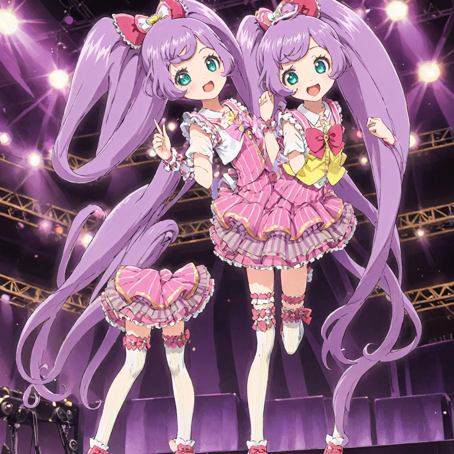 masterpiece, extremely detailed background, 1girl, solo, very long hair, twintails, on the stage, classic outfit, singing, Manaka Laala, smile, miniskirt, thighhighs,