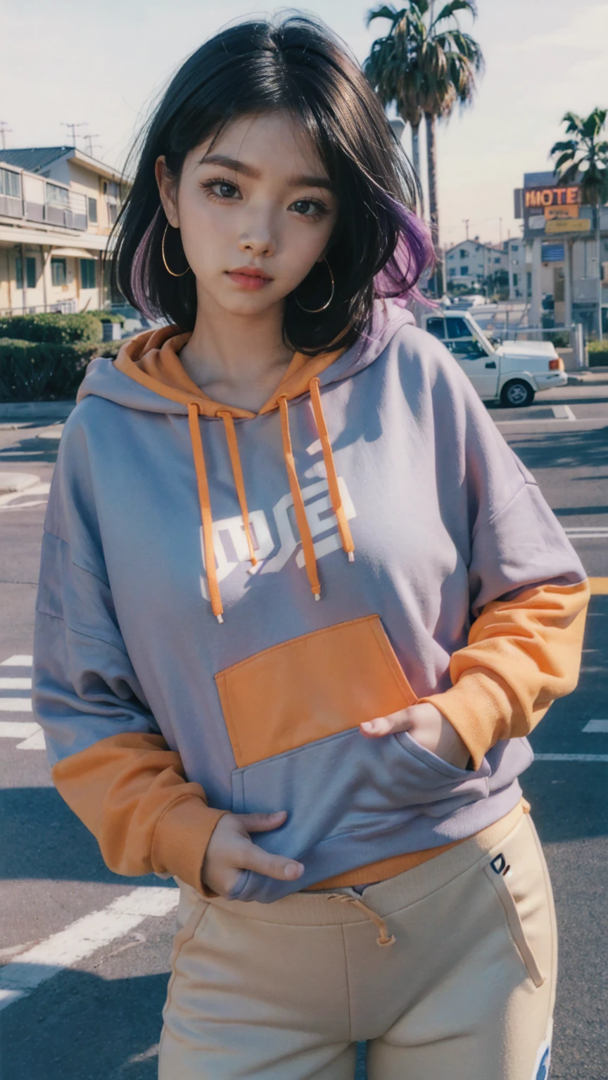8K, 1girl, UHD,beautiful, black bob hairstlye, ((orange oversize hoodie)), oversize_shirt, sweatpants, Evening light，Bridgeside，Taking a walk，purple slacks, look at viewer, (((80's architecture colorful motel))) ,perfect beautiful face,perfect nose,perfect eyes, perfect lips kodak gold 200 fisheye-8mmlens-v2exp ,25 yo cute korean, ((busty perfect body)) perfect face, 35mm film,palm trees, blue sky, sunny summer, los angles vibes (photorealistic:1.2), (ultra realistic:1.3), (very detailed:1.1), ((masterpiece))