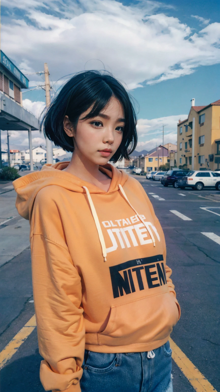 8K, 1girl, UHD,beautiful, black bob hairstlye, ((orange oversize hoodie)), oversize_shirt, sweatpants, Evening light，Bridgeside，Taking a walk，purple slacks, look at viewer, (((80's architecture colorful motel))) ,perfect beautiful face,perfect nose,perfect eyes, perfect lips kodak gold 200 fisheye-8mmlens-v2exp ,25 yo cute korean, ((busty perfect body)) perfect face, 35mm film,palm trees, blue sky, sunny summer, los angles vibes (photorealistic:1.2), (ultra realistic:1.3), (very detailed:1.1), ((masterpiece))