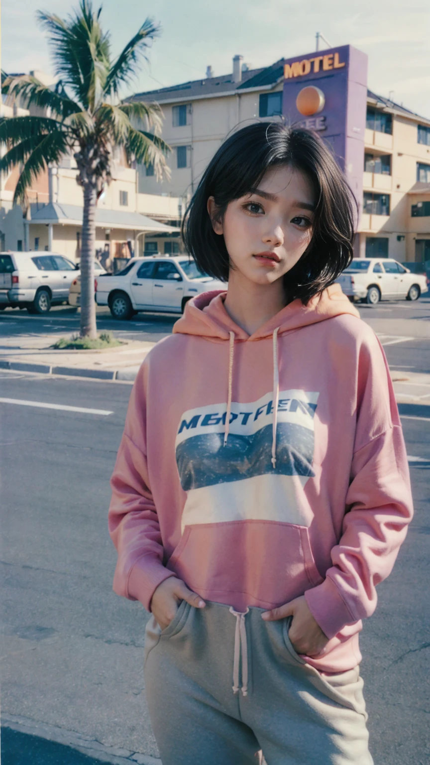 8K, 1girl, UHD,beautiful, black bob hairstlye, ((orange oversize hoodie)), oversize_shirt, sweatpants, Evening light,Bridgeside,Taking a walk,purple slacks, look at viewer, (((80's architecture colorful motel))) ,perfect beautiful face,perfect nose,perfect eyes, perfect lips kodak gold 200 fisheye-8mmlens-v2exp ,25 yo cute korean, ((busty perfect body)) perfect face, 35mm film,palm trees, blue sky, sunny summer, los angles vibes (photorealistic:1.2), (ultra realistic:1.3), (very detailed:1.1), ((masterpiece))