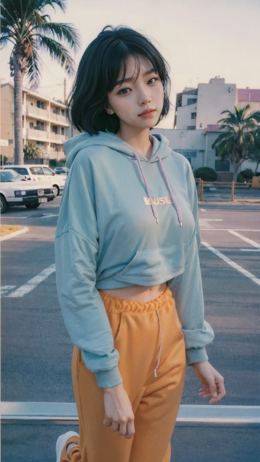 8K, 1girl, UHD,beautiful, black bob hairstlye, ((orange oversize hoodie)), oversize_shirt, sweatpants, Evening light,Bridgeside,Taking a walk,purple slacks, look at viewer, (((80's architecture colorful motel))) ,perfect beautiful face,perfect nose,perfect eyes, perfect lips kodak gold 200 fisheye-8mmlens-v2exp ,25 yo cute korean, ((busty perfect body)) perfect face, 35mm film,palm trees, blue sky, sunny summer, los angles vibes (photorealistic:1.2), (ultra realistic:1.3), (very detailed:1.1), ((masterpiece))