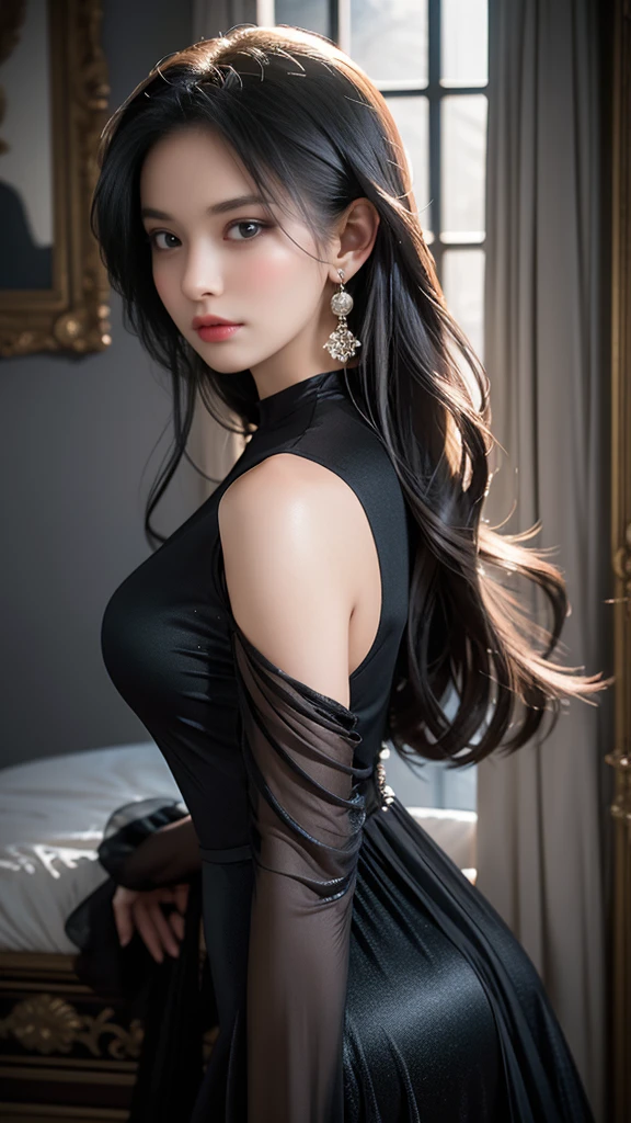 ultra high resolution、super high quality、8k、Detailed details、great expression、1 female、Tall and slender woman、small breasts、long brown curly hair、Black metallic see-through dress with luxurious hair ornaments、luxury hotel dance party background、