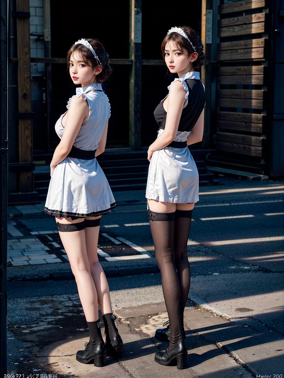 (41k4:1), masterpiece, Best Quality, 8K, Raw photo, (wearing maid uniform:1.5), top-notch quality, masterpiece, (arms behind back:1.5), (2 pretty Japanese girls), (wearing black stockings:1.2), (front view:1.5), (facing viewer:1.5), exceptionally detailed RAW color photo, professional-grade photograph, (Realistic, Photorealistic:1.37), (highly detailed skin:1.2), Ultra-high resolution, (lens 50mm), (masterpiece, top-quality:1.3), (hyper realistic:1.35), (Photorealistic:1.45), (Realistic:1.4), (looking at viewer:1.4), (1 beautiful girl), 21 years old, Japanese idol, supermodel, pale skin, (slim:1.3), (slim body:1.25), (slender body:1.25), (narrow waist:1.25), pretty face, (large breasts:1.15), (deep cleavage:1.2), gravure idol