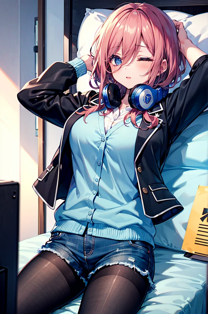 (8K, Highest quality, Highest quality, masterpiece), nm1, 1girl, headphones around neck, sleeping, blue cardigan, denim short shorts, pantyhose, black jacket, open jacket, big breasts