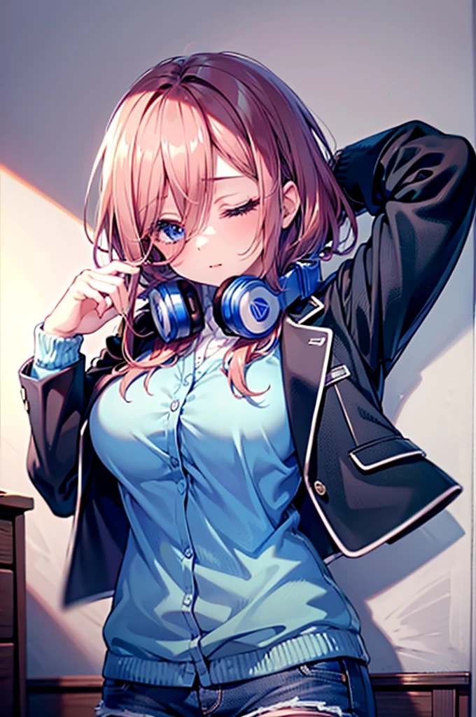 (8K, Highest quality, Highest quality, masterpiece), nm1, 1girl, headphones around neck, sleeping, blue cardigan, denim short shorts, pantyhose, black jacket, open jacket, big breasts