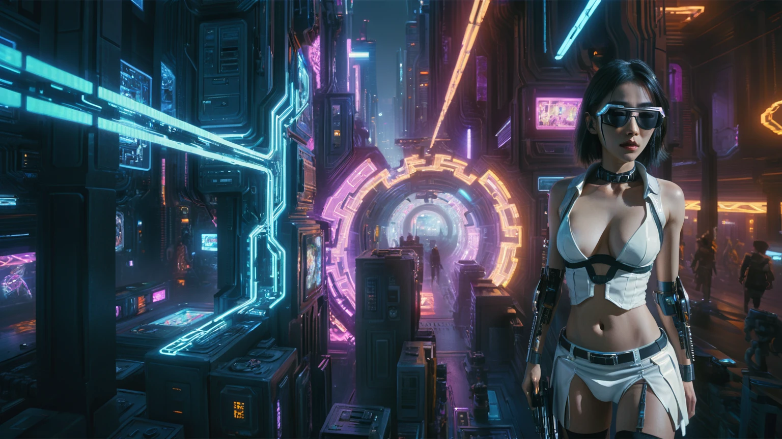 Cyberpunk female plagiarist immersed in digital theft, neon-lit alias within a vast online labyrinth, grotesque grunge brushing into surrealism, illuminated by kaleidoscopic volumetric light, a detailed masterpiece reminiscent of Moebius' distinctive style, deep focus, heightened depth field, psychedelic undertones amplified in a cinematic shot, (((((aerial view of cyberpunk city at night))))), (((((1girl, solo, alone))))), photo realistic, (((((large-breast:1.4 slim body, cleavage:1.4))))), (((off broken mini sling-shirt and black sling bra, (((extreamly short white pleated miniskirt, micro panty)))))), (((((running pose))))), (((((((matrix style black micro sunglasses))))))), ((((((((((aiming with a short gun)))))))))), (((((looking at camera))))), (((very low view))), (((((half-body thigh level medium shot))))), (((cinematic lighting))).