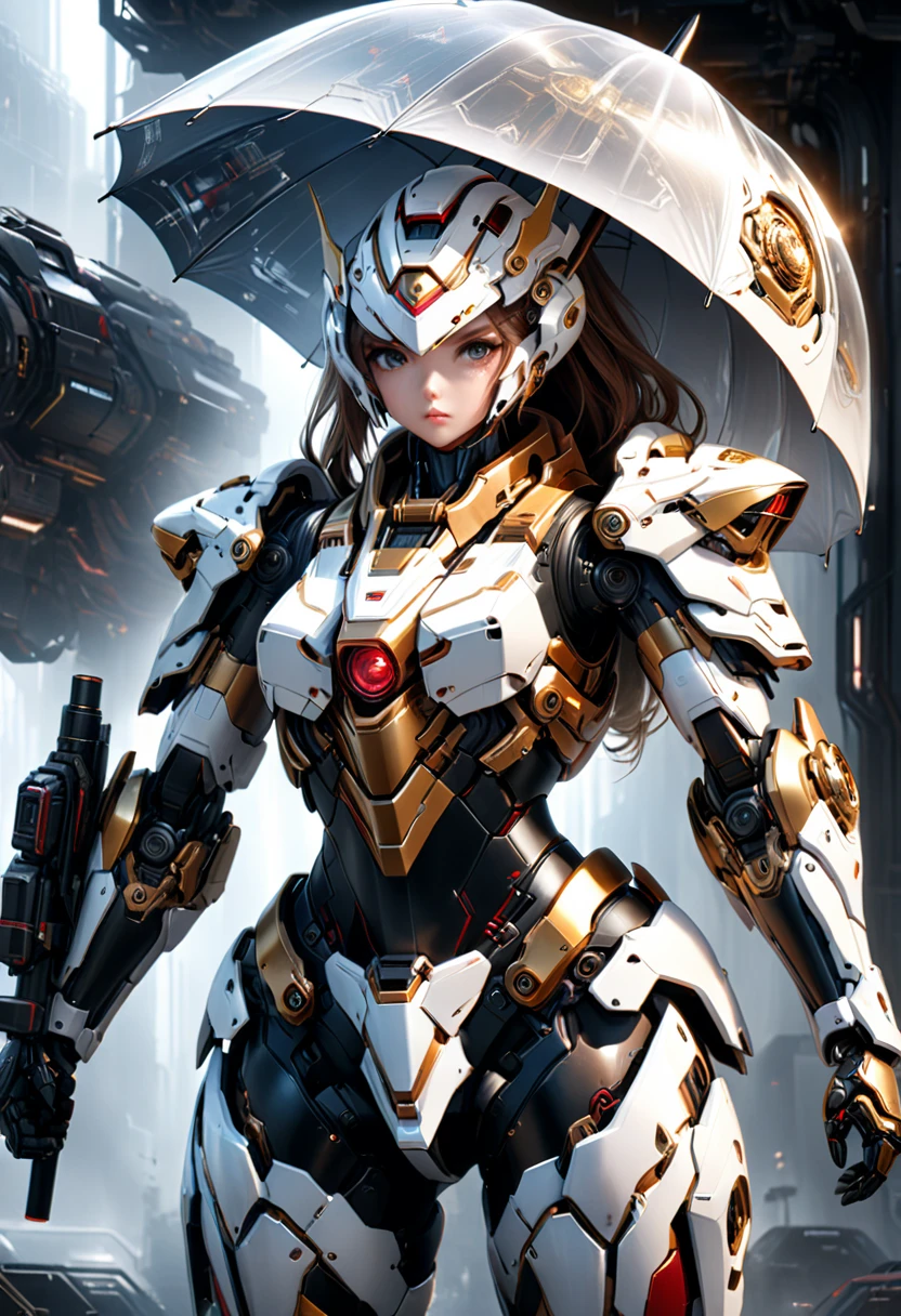 1girl, beautiful, ((holding an umbrella)), (red, gold, black and white sci-fi armor), mecha elements, (best quality,4k,8k,highres,masterpiece:1.2),ultra-detailed,(realistic,photorealistic,photo-realistic:1.37),cinematic lighting, dramatic atmosphere, highly detailed face and eyes, intricate mechanical details, futuristic, sci-fi, concept art, full body: 0.75