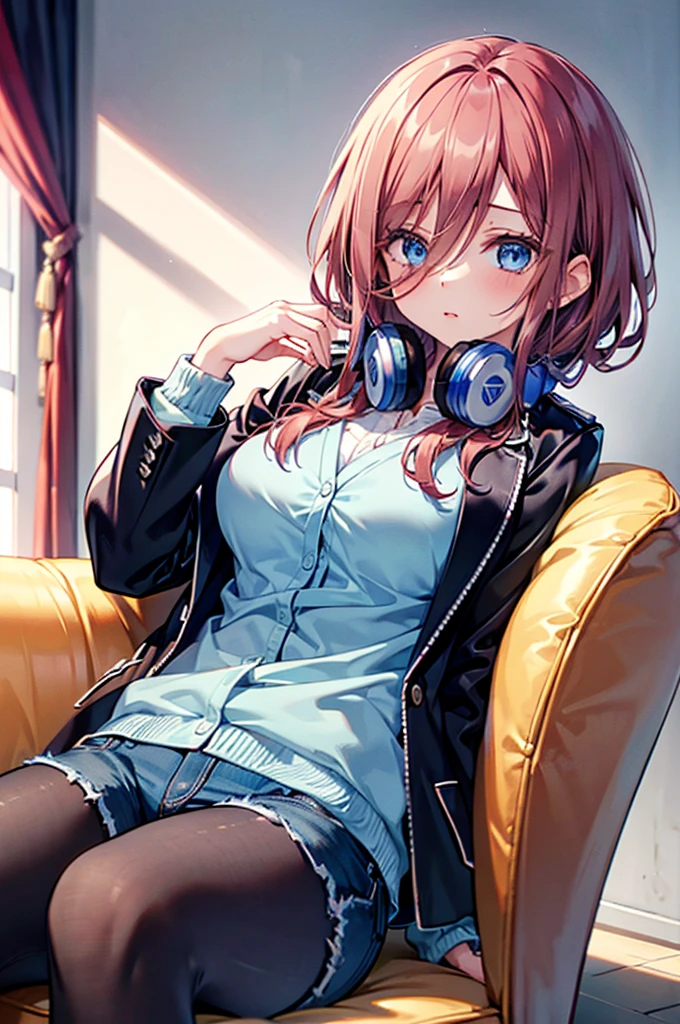 (8K, Highest quality, Highest quality, masterpiece), nm1, 1girl, headphones around neck, sleeping, blue cardigan, denim short shorts, pantyhose, black jacket, open jacket, big breasts