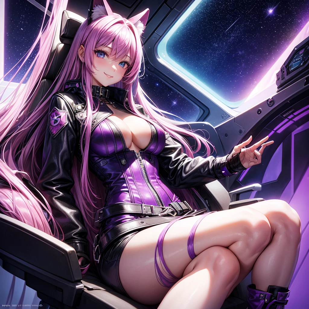 A young sexy woman with long purple hair and sexy clothes sits in a spaceship seat、A beautiful starry sky can be seen from the window.。smile,leather jacket,Future Fashion,Angel Girl,Pink Hair,Horny girl,High-dimensional beautiful girl,Multidimensional beautiful girl,colorful hair colors
