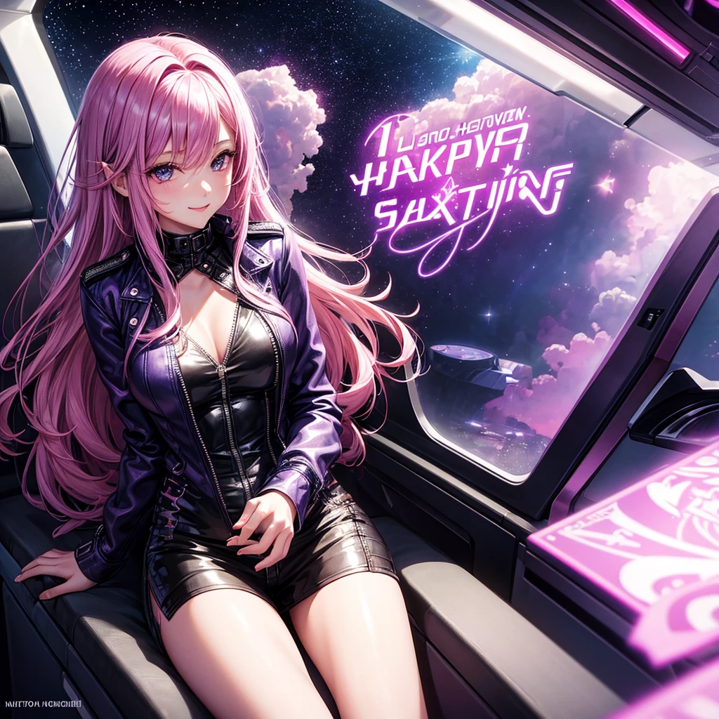 A young sexy woman with long purple hair and sexy clothes sits in a spaceship seat、A beautiful starry sky can be seen from the window.。smile,leather jacket,Future Fashion,Angel Girl,Pink Hair,Horny girl,High-dimensional beautiful girl,Multidimensional beautiful girl,colorful hair colors