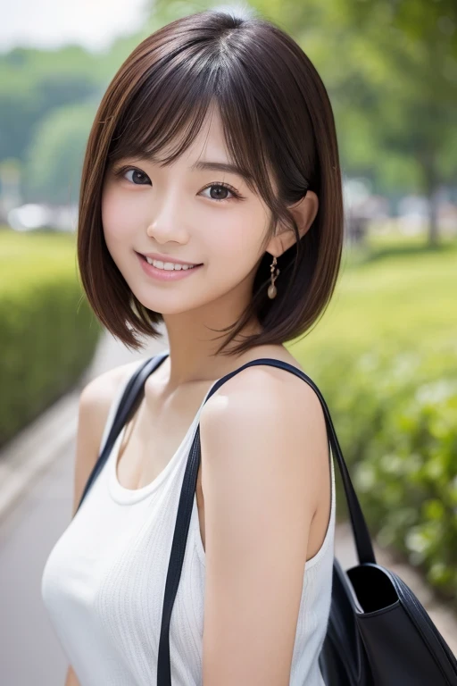 Produce the highest quality and highest resolution 8K images。The model is a 20-year-old Japanese woman.。The image depicts a person smiling at the camera and taking a commemorative photo at a tourist spot.。Draw the whole body of the model。She has brown eyes and a model figure.、She has an idol-level cute face.。Hair is bob cut。Skin has a healthy color。What to wear、She&#39;s wearing a T-shirt and a skirt。