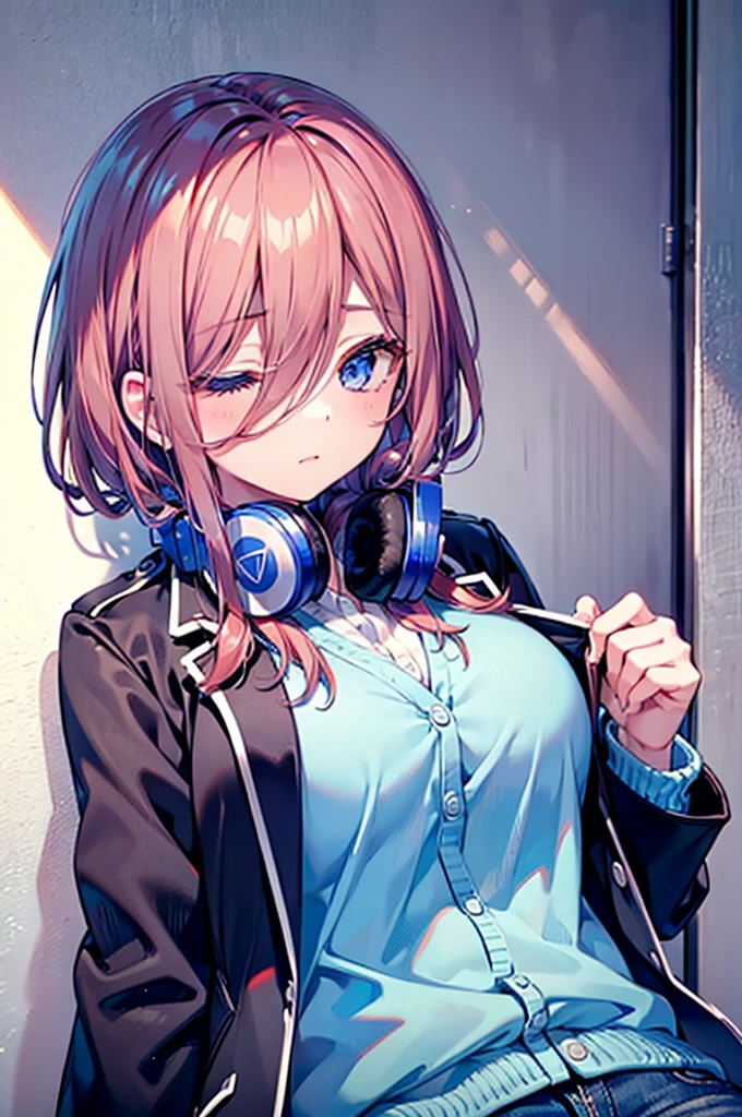 (8K, Highest quality, Highest quality, masterpiece), nm1, 1girl, headphones around neck, sleeping, blue cardigan, denim short shorts, pantyhose, black jacket, open jacket, big breasts