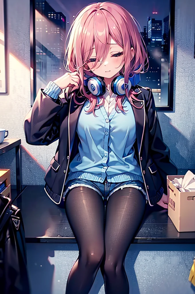 (8K, Highest quality, Highest quality, masterpiece), nm1, 1girl, headphones around neck, sleeping, blue cardigan, denim short shorts, pantyhose, black jacket, open jacket, big breasts