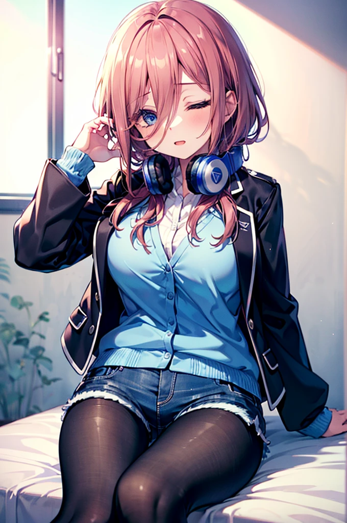 (8K, Highest quality, Highest quality, masterpiece), sit on the floor, (denim hot shorts), (mini shorts), big breasts, ((spread legs 1:2)), nm1, headphones around neck, long sleeves, blue cardigan, pantyhose, (fullbody), smile, school uniform, open jacket