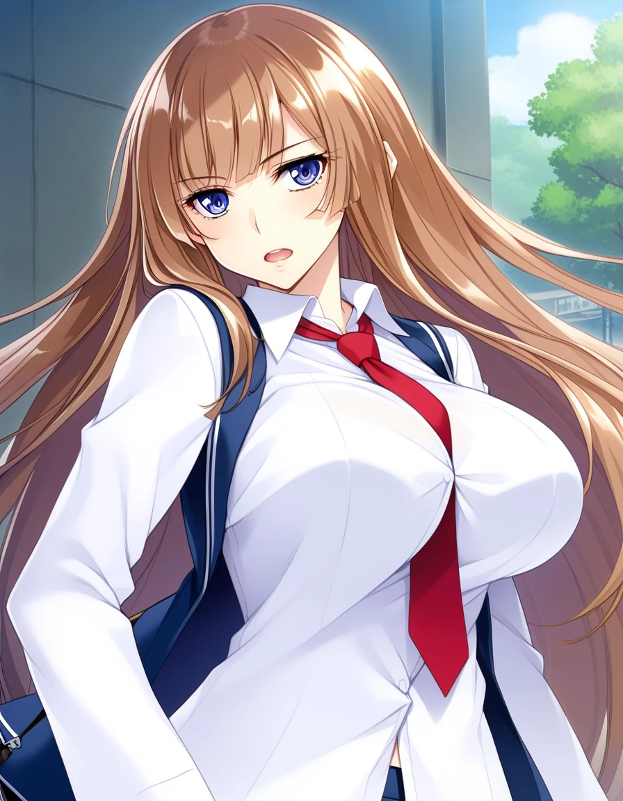 score_9, score_8_up, score_7_up, source_anime, game cg, beautiful detailed eyes, aoi_nagisa_\(metalder\), BREAK solo, 1girl, koukawa asuka, brown hair, long hair, blue eyes, bangs, side bangs, (huge breasts:0.8), medium body, BREAK school_uniform, blue breasts open jacket, underbust jacket, white collared blouse, red long necktie, BREAK expressionless, open mouth, model pose, outside, street, upper body,