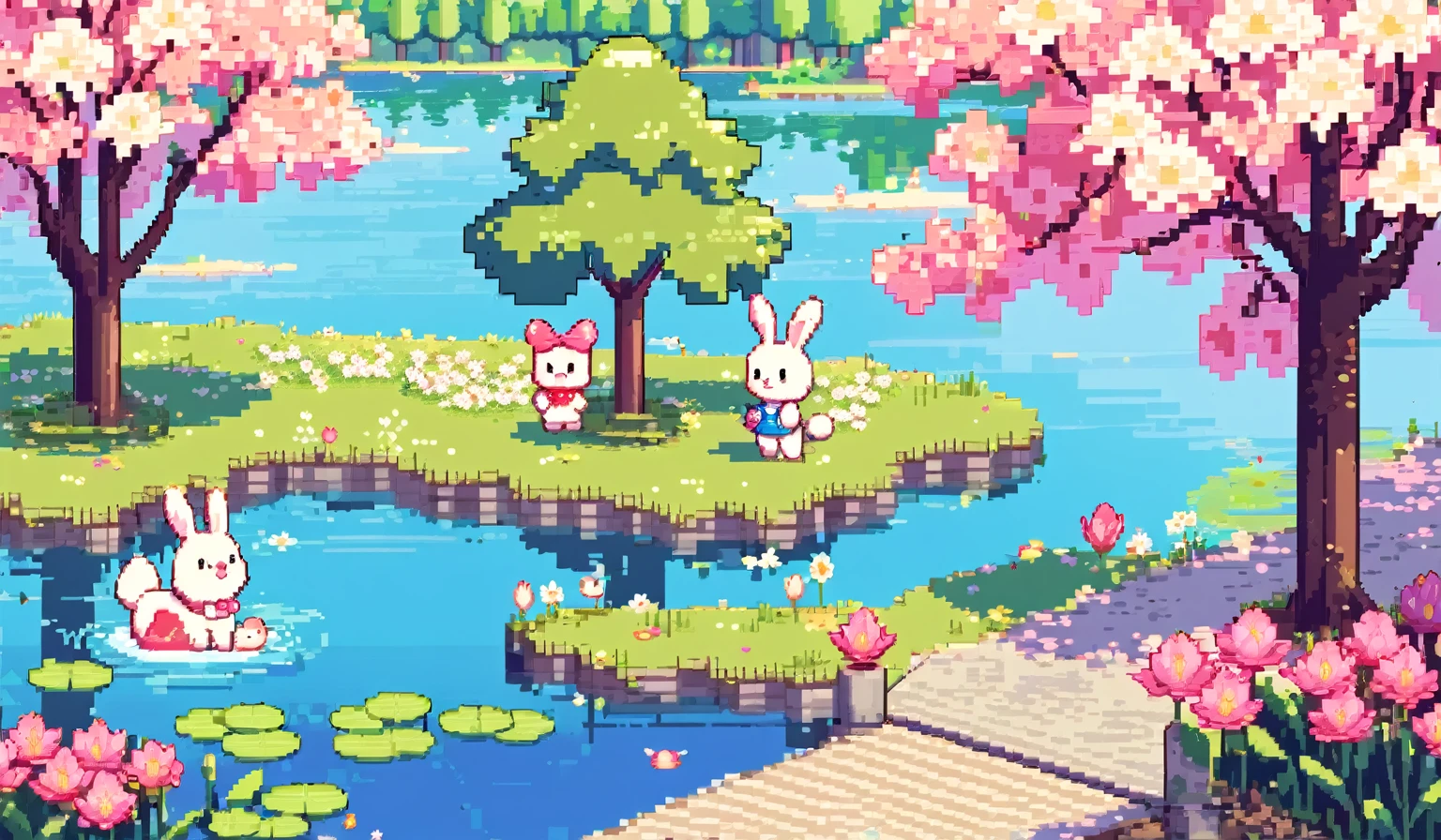 kawaii, pixel art, one cartoon bunny by the lake, lily pads, flowers, willow tree, pastel colors,