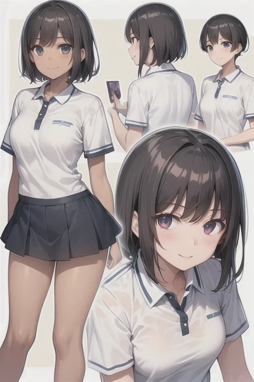 1 person、middle School girls、White polo shirt、mini skirt、Black Hair Semi-Long、White collar、Short sleeve、smile、Brown Skin、An illustration,