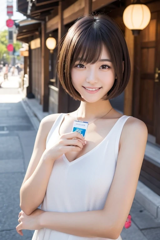 Produce the highest quality and highest resolution 8K images。The model is a 20-year-old Japanese woman.。The image depicts a person smiling at the camera and taking a commemorative photo at a tourist spot.。Draw the whole body of the model。She has brown eyes and a model figure.、She has an idol-level cute face.。Hair is bob cut。Skin has a healthy color。What to wear、She's wearing a T-shirt and a skirt。