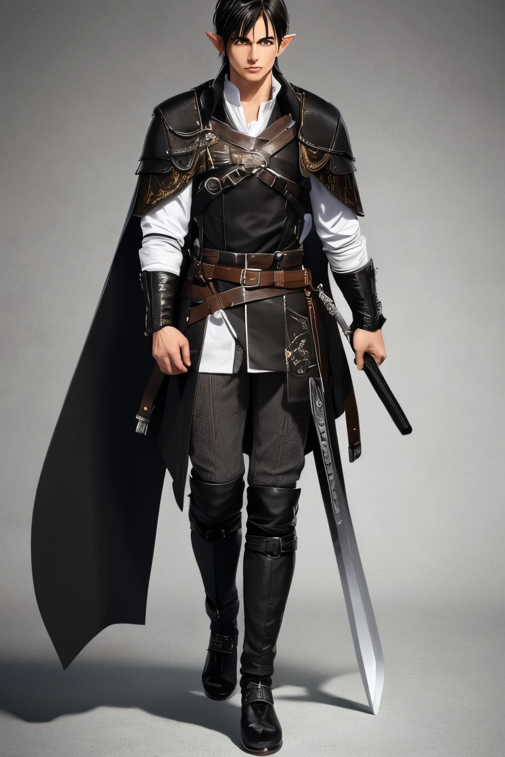 Create an elf RPG doll with the following characteristics Elf Race;
Height 173cm;
pesos 60kg;
male;
greenskin;
Short black hair;
no hair on the face;
Appearance: black and white clothes, leather and fabric, simple and light, WarriorStyle. Leather sandals that stay on the foot, leather pants with lots of pockets, white fabric shirt and leather coat, small black backpack. on his waist a katana scabbard with a magic pendant on the hilt
