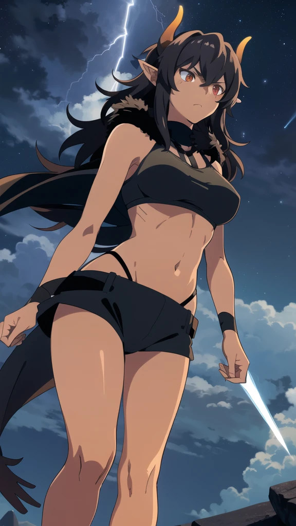 ((1girl,solo,mature female,tall)),big breasts,long hair, black hair,serious,horns,elf ears,black scarf,(dark skin),((midriff,black sports bra,neck fur)),(walking,night sky,night,thunder,lightnings,thunder clouds),from below,