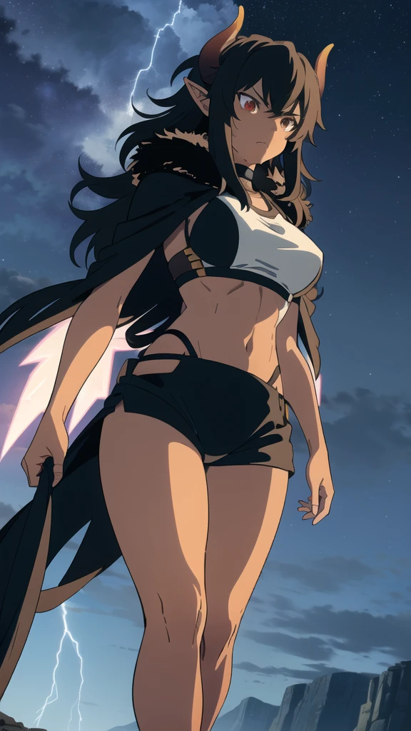 ((1girl,solo,mature female,tall)),big breasts,long hair, black hair,serious,horns,elf ears,black scarf,(dark skin),((midriff,black sports bra,neck fur)),(walking,night sky,night,thunder,lightnings,thunder clouds),from below,